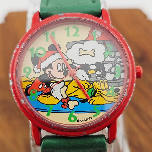 Vintage 90s Pluto Mickey Dreaming Womens Watch Red Green Christmas Santa Holiday - Picture 2 of 8
